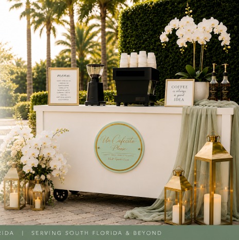 Un Cafecito Please signature coffee cart with orchids